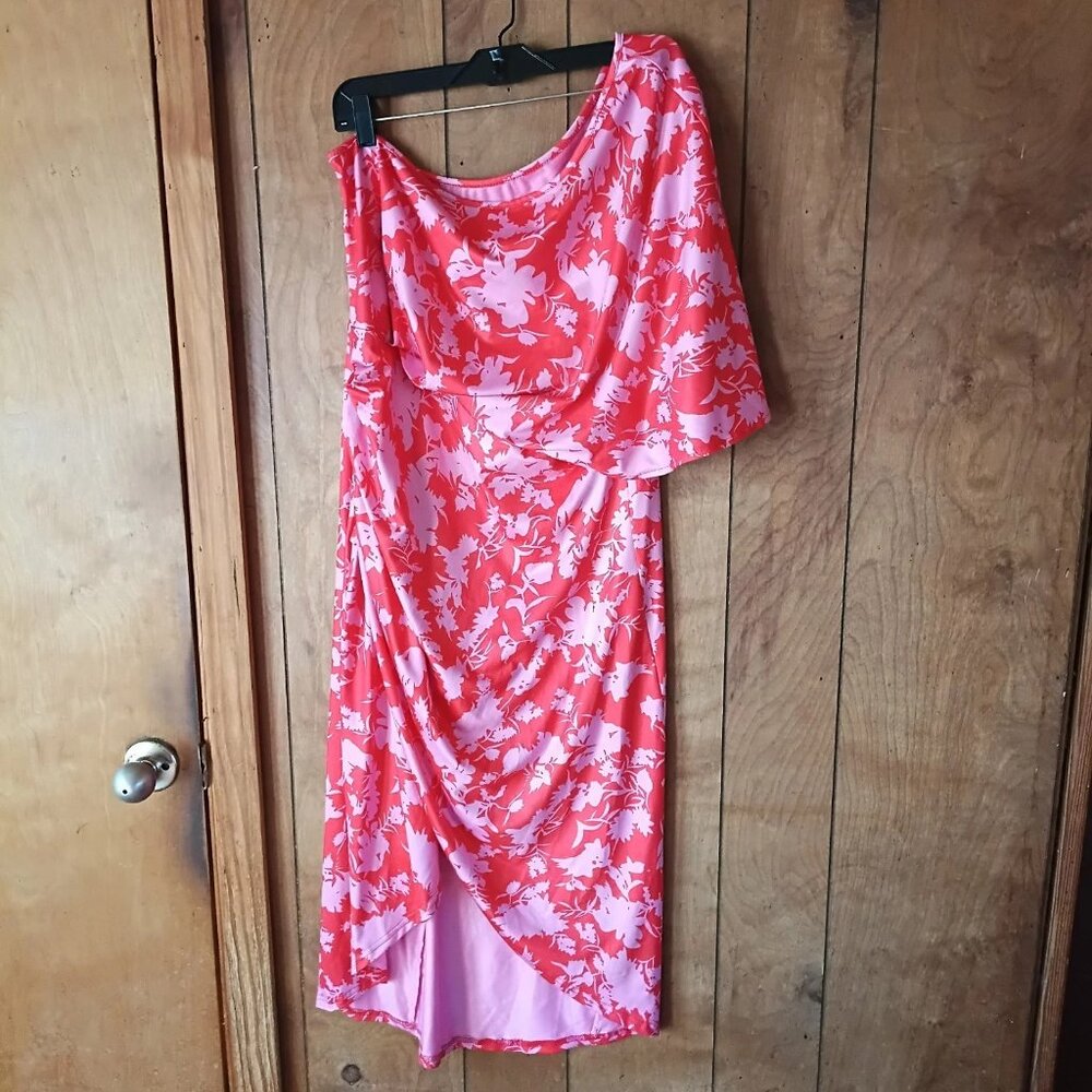 Women’s Plus Size 2X Red Pink Floral One-Shoulder Draped Wrap Midi Dress